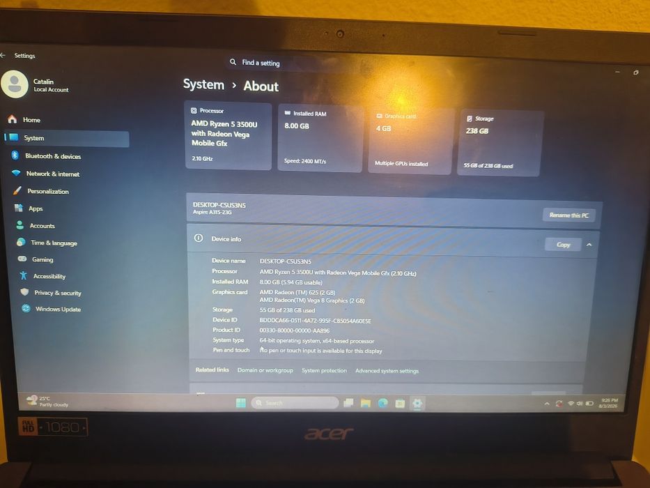 Acer Aspire 3 A315 Ryzen 5 3500U, 8GB Ram, placa video Radeon Vega 8 4GB