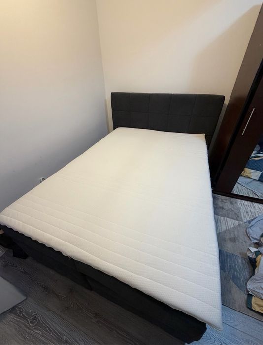Pat boxspring 140x200, cu lada de depozitare, saltea si topper
