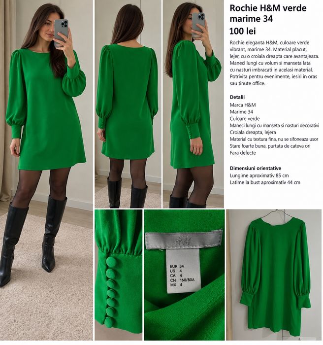Rochie HM verde smarald marimea 34 XS cu maneci bufante