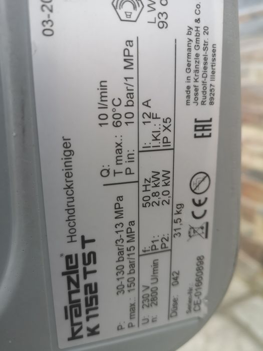 Rothenberger /Kranzle 1152tst  Машина за Отпушване на Канали 220V 3.kw 170bar  Керамика