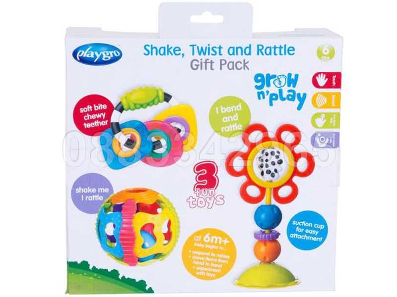 НОВ! Комплект дрънкалки 3 бр Playgro Shake, twist and rattle gift pack