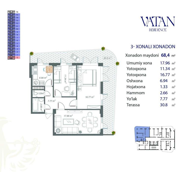 Xon Saroy Vatan residence 3 xona