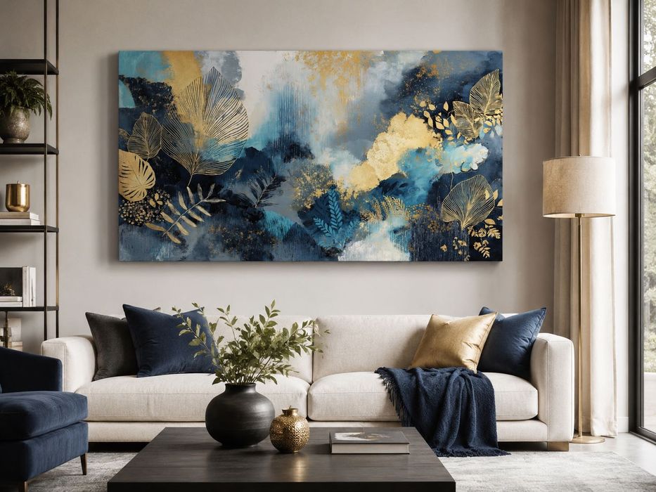 Tablou canvas Grădina de aur, abstract cu frunze aurii, albastru, 80×45 - 140×78 cm