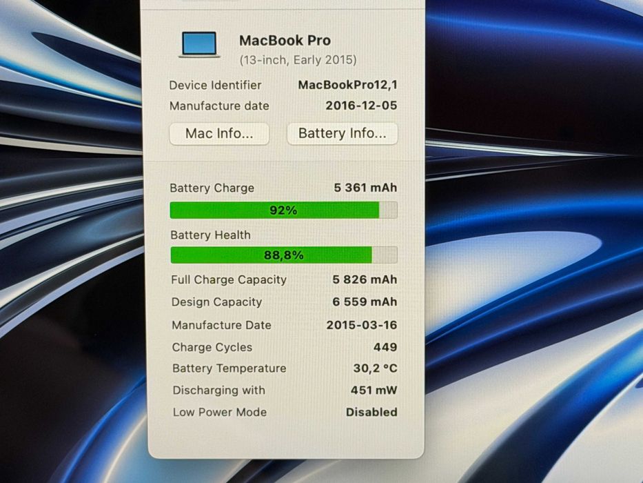 MacBook Pro 13 Retina`Core i5-5257U/8GB RAM/256GB SSD/Бат 10ч/89% Здраве