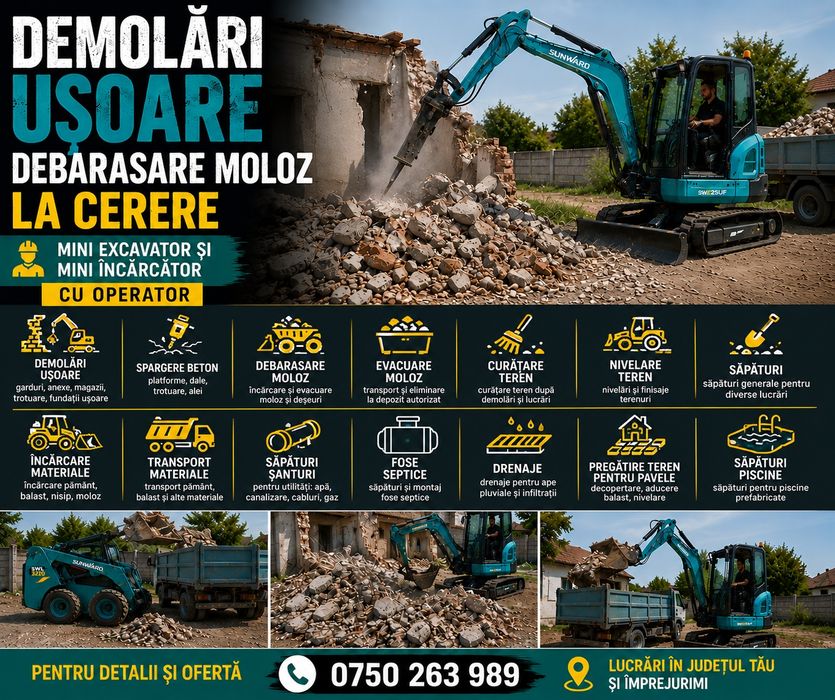 Demolari Usoare | Debarasare Moloz | Mini Excavator si Mini Incarcator cu Operator