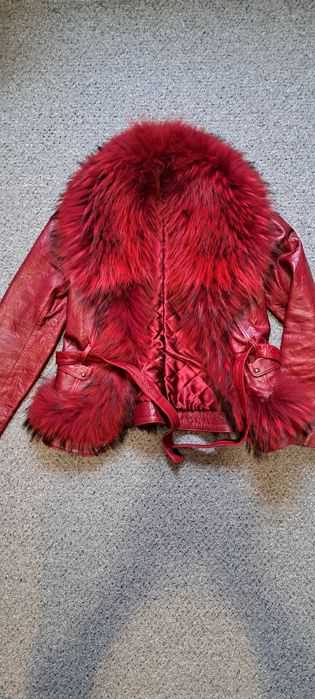 Geaca piele naturala cu guler din blana de vulpe