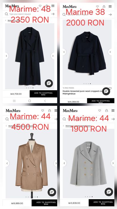 Nou50%REDUS Max Mara Palton, camasa, fusta, blana, geaca