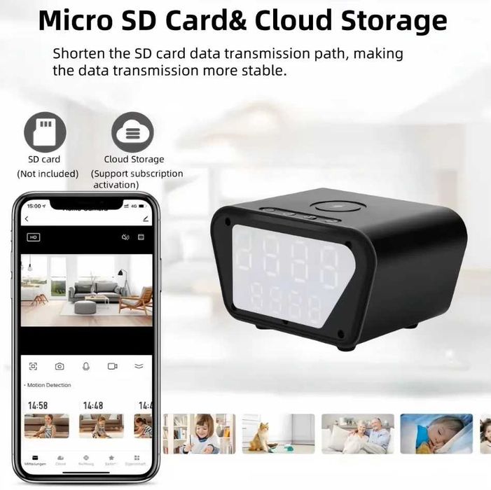 Wi-Fi Дигитален LED Часовник със Скрита 4K Камера, Безжично Зарядно, Час и Температура, Видеонаблюдение