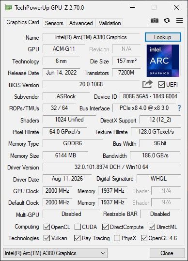 Placa video Intel Arc A380 6Gb