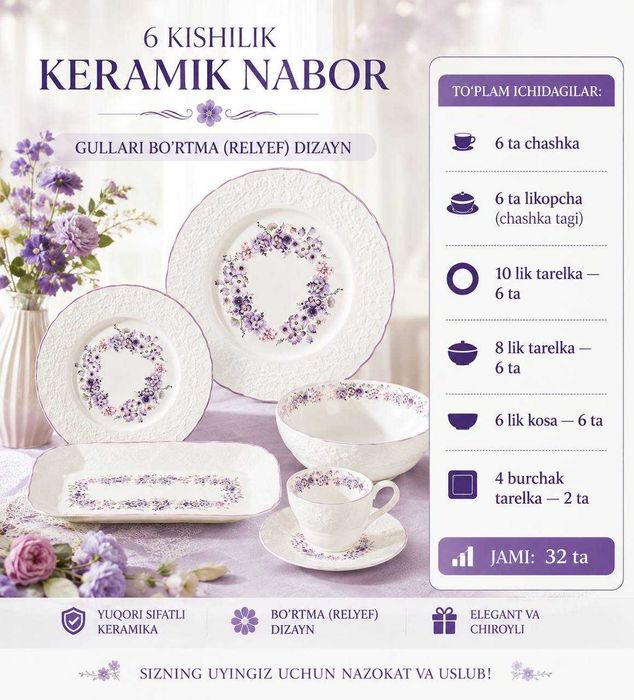 Keramik idishlar nabori 6 kishilik Posuda nabor 32 talik burtma gulli