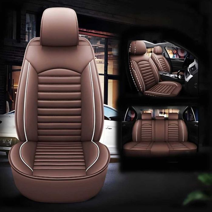 Комплект луксозна Кожена тапицерия за автомобил - Кафява/5 части.