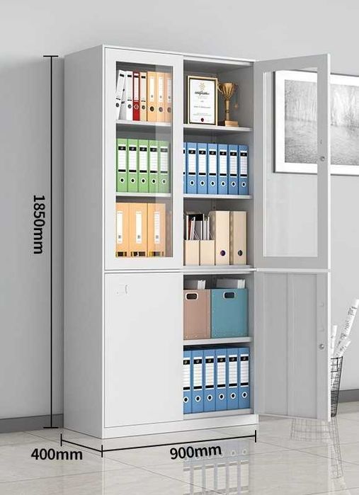 Zanglamaydigan po‘latdan kitob javoni — kuchli metall tokchalar bilan