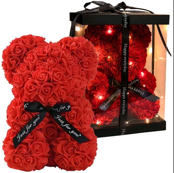 Плюшено мече с LED рози - подарък за мама, момиче, баба - комплект .