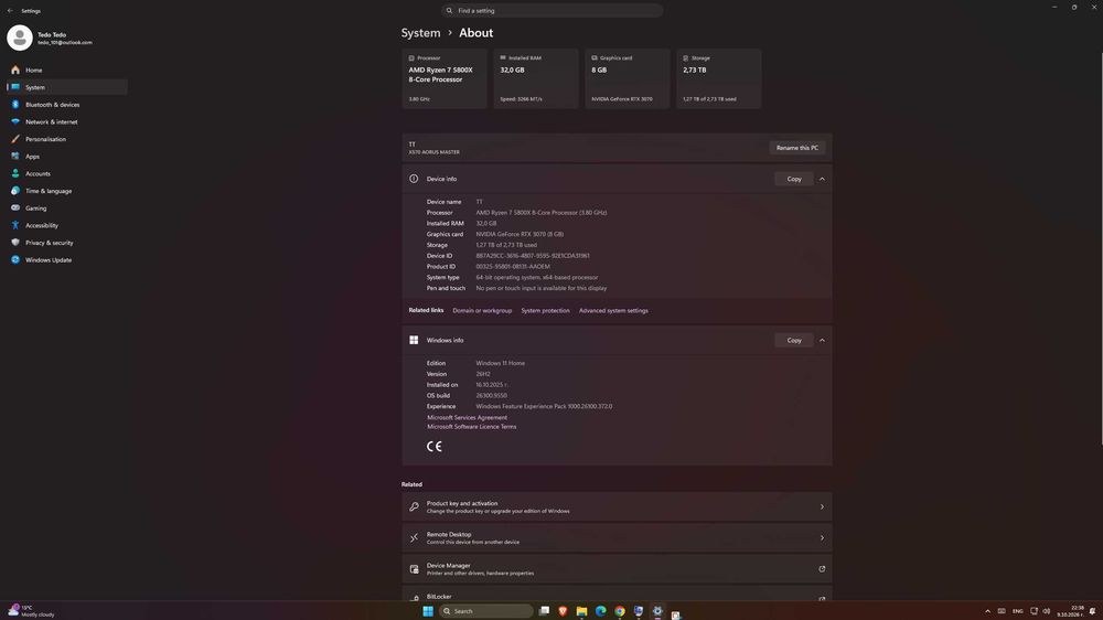 Продавам геймърски компютър AMD Ryzen 7 5800X  NVIDIA GeForce RTX 3070  RAM: 32 GB 2TB SSD