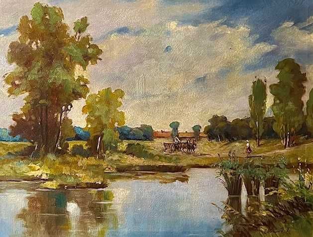 ”PEISAJ CU LAC SI CAR” Tablou VECHI ulei/pâză, semnat, pictor maghiar