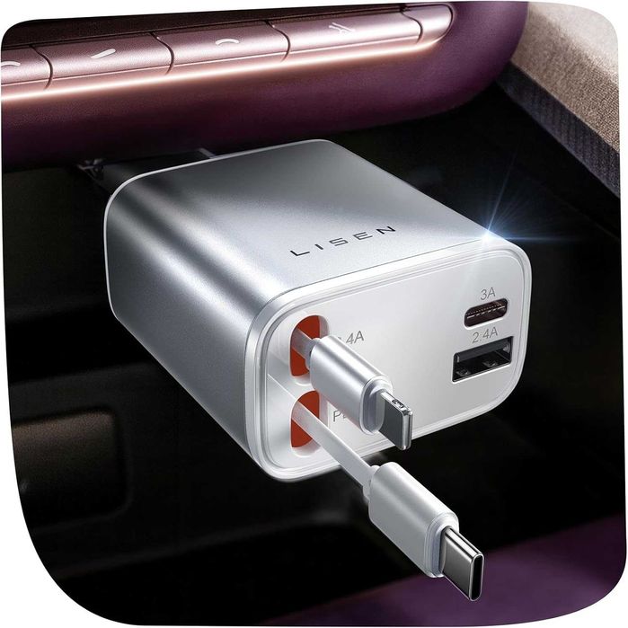 LISEN Прибиращо се зарядно за кола, 69W USB C адаптер