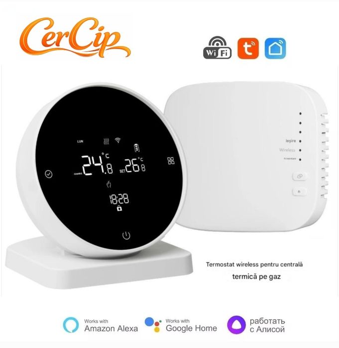 Termostat Wireless pentru Centrale Termice si Incalzire Pardoseala, Wifi, Control din aplicatia Tuya, Universal, Programabil, Receiver inclus, Touch