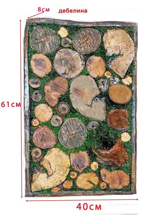 Декоративно пано от дърво и естествен мъх, арт декорация - 61х40 см