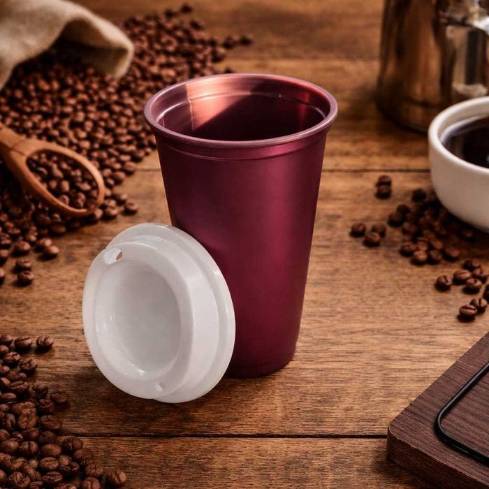 Pahar cafea pentru băuturi calde cu capac, reutilizabil, plastic rigid, practic și rezistent