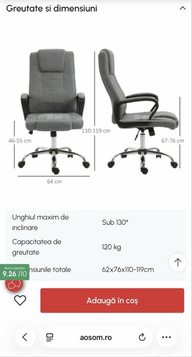 Scaun ergonomic de birou gri Aosom