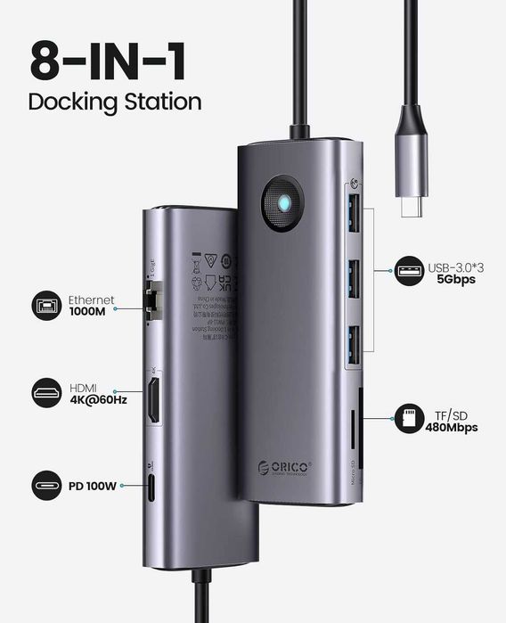 USB Hub Док станция Orico 8в1 Type-C CReader PD 100W 4K-60Hz Ethernet