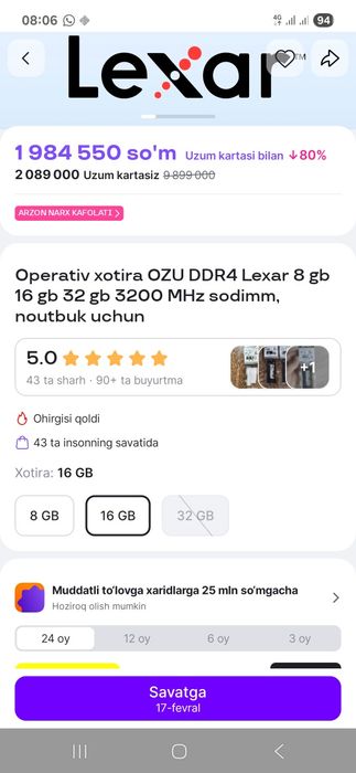 Gaming noutbuk HP viktus 24 GB DDR4 ozu