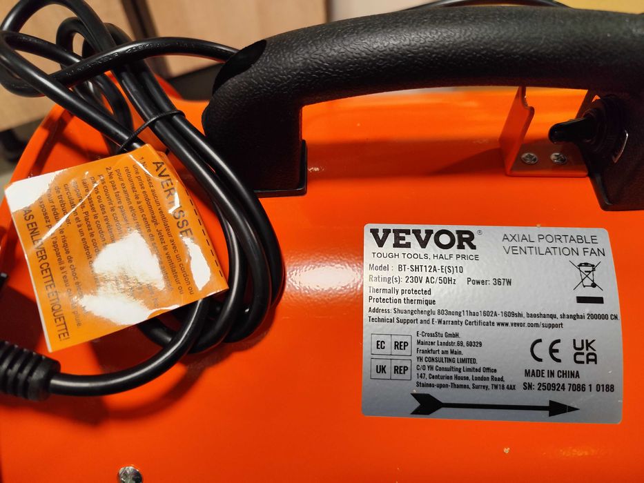 Vevor строителен вентилатор за отвеждане на прах
