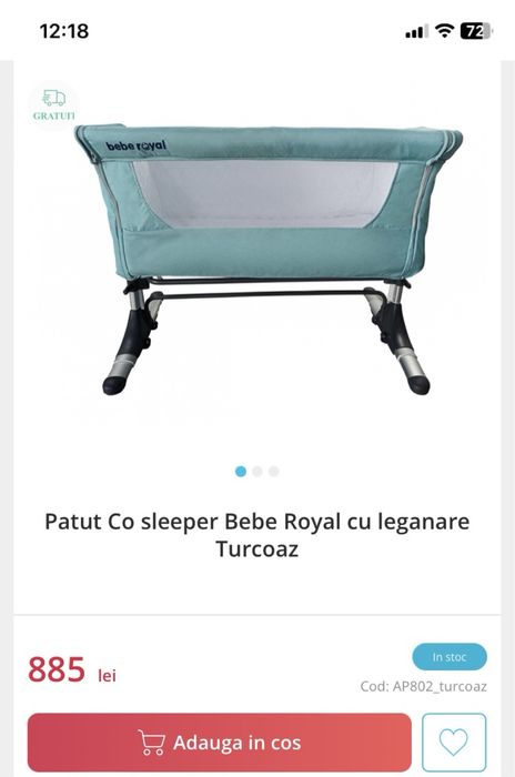 Patut Co sleeper Bebe Royal cu leganare Turcoaz