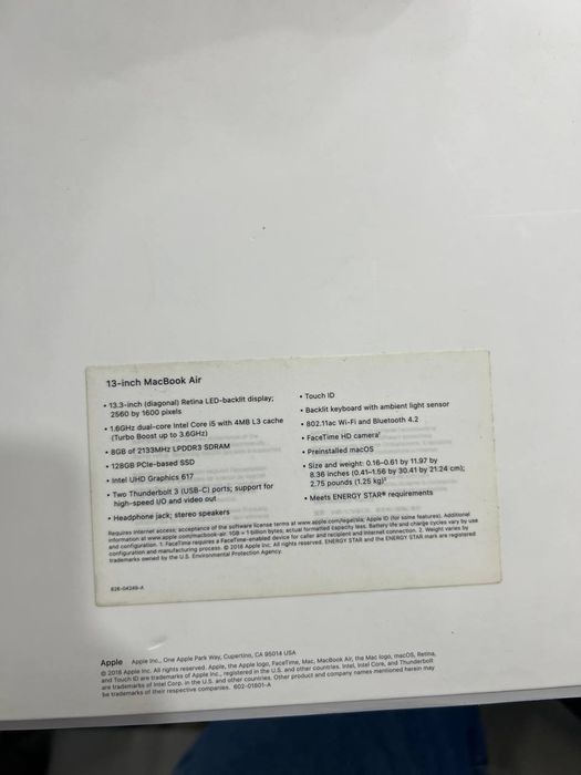 13.3"noutbokk Apple Macbook Air 13 yili 2018 цикл  314  xolati ideal