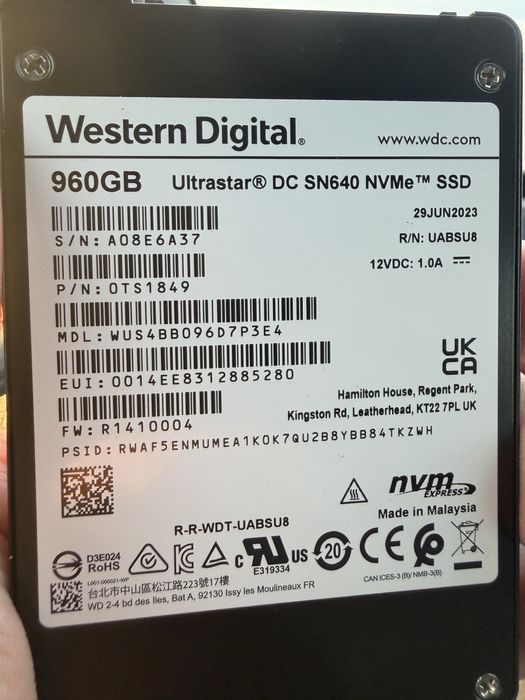 Ssd WD Ultrastar DC SN640 NVMe de 960GB, Bulk, NOU