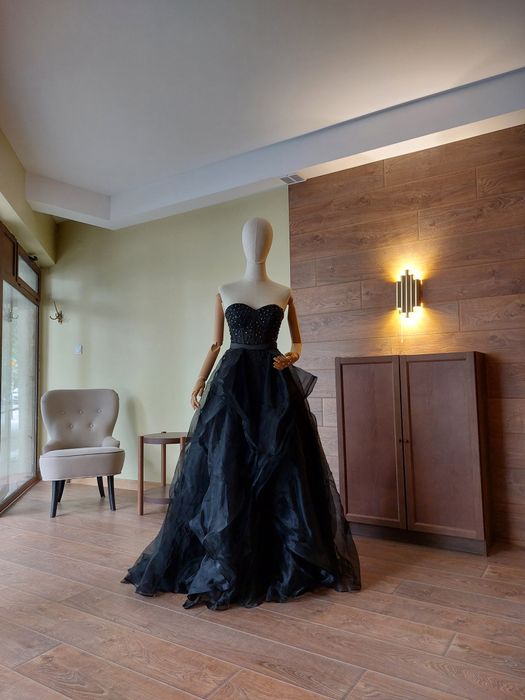 Официална рокля за бал или булка Органза Корсет Камъни Черна Розава