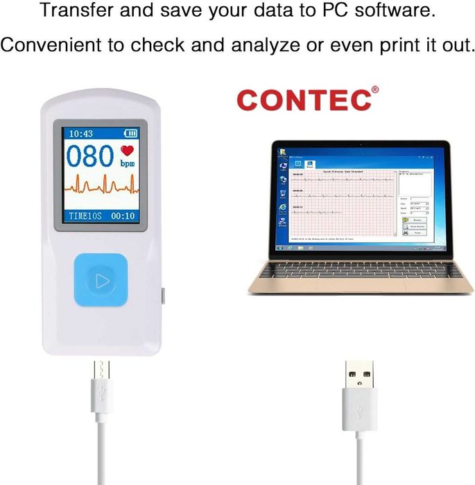 Преносим ЕКГ/ЕКГ монитор CONTEC с компютърен софтуер, електрокардиограма, Bluetooth, пулсомер