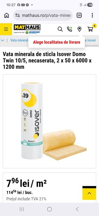 Vata minerala de sticla Isover 6000x1200