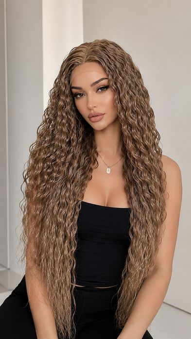 100см кестенява лейс фронт перука на къдрици, lace front afro curl wig