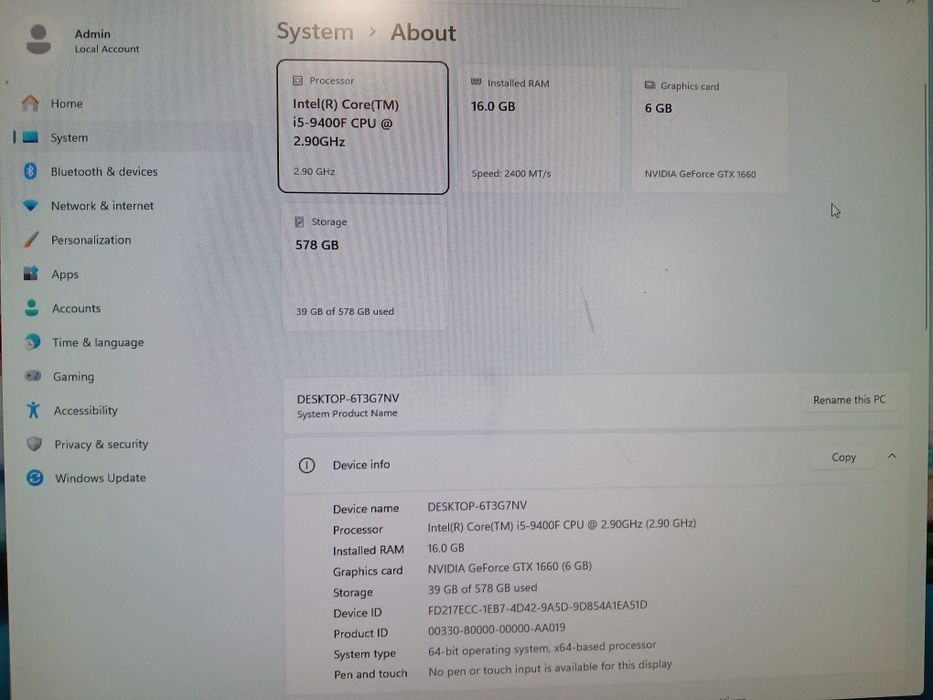 Pc gaming  i5-9400f / GTX 1660 6GB / 16GB RAM / SSD+HDD / Windows 11 Pro activat
