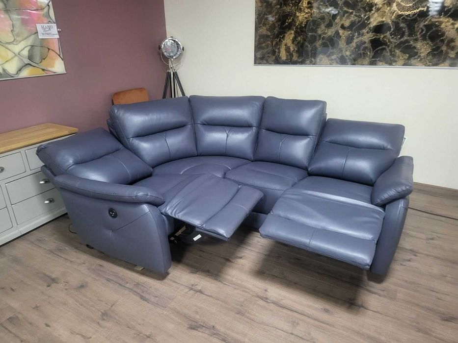 ПРОМОЦИЯ!!! Син кожен ъглов диван "Albion" с ел. релакс механизъм