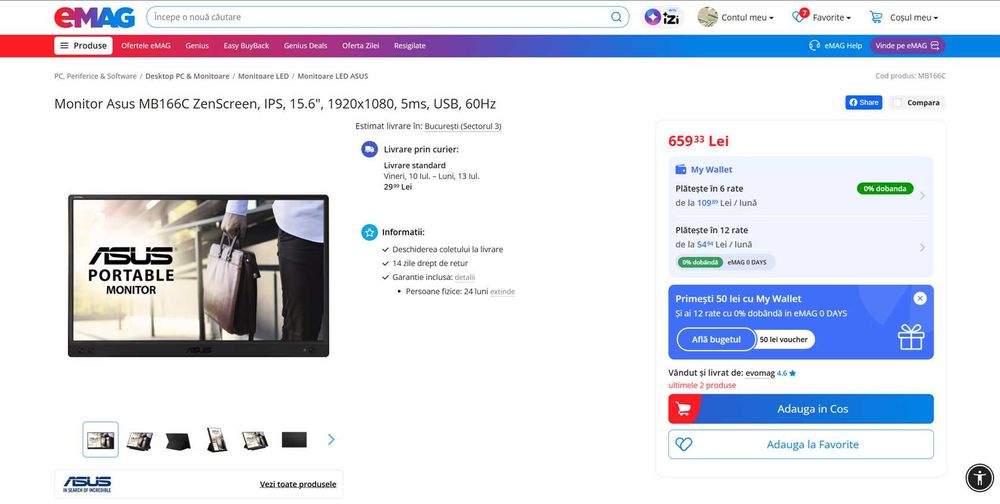 Vand 2 monitoare Asus MB166C ZenScreen, IPS, 15.6", 1920x1080, 5ms, USB, 60Hz + 2 suporti monitoare