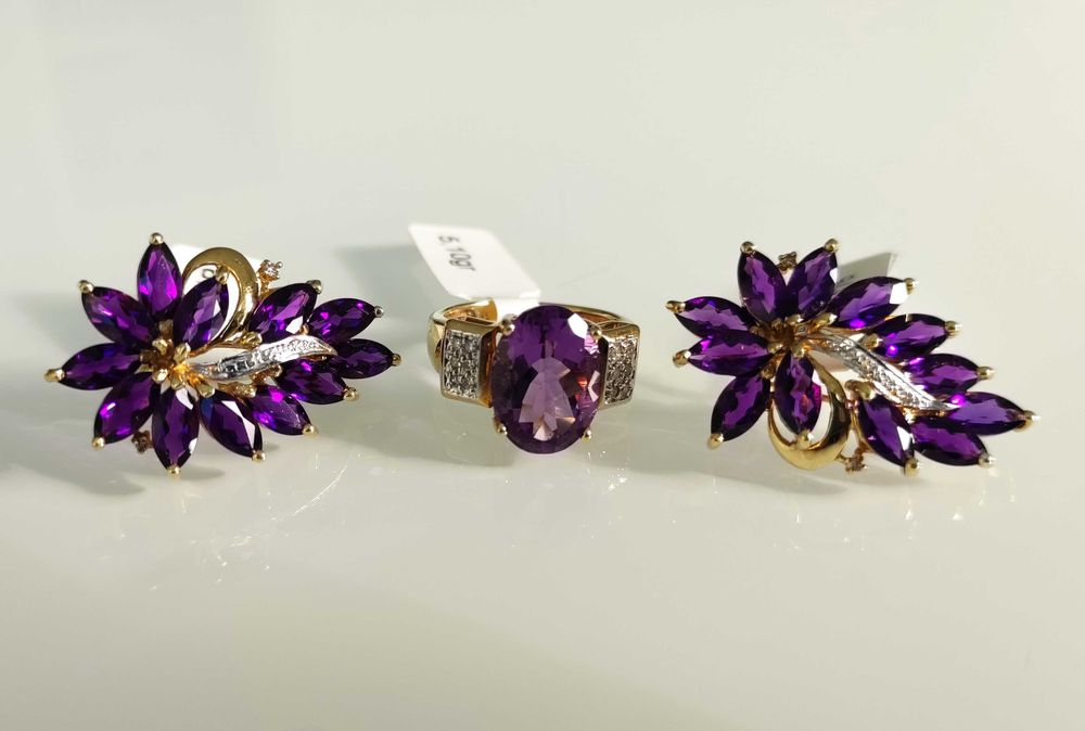 Set aur 14k inel si cerceii cu Amethyst si Diamante