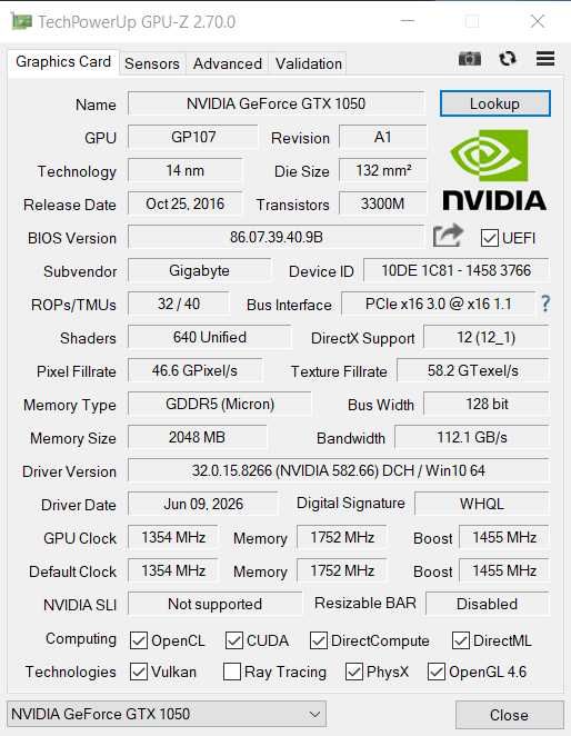 Gigabyte GeForce GTX 1050 2GB GDDR5.