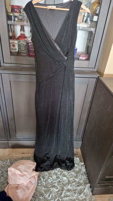 Rochie neagra lunga sirena de seara cu sclipici