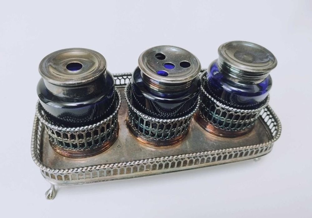 Veche calimara birou Sheffield, anii 1800, placata cu argint, cobalt