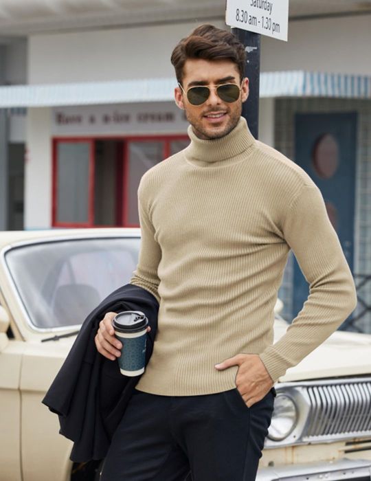 Pulover guler înalt bărbați slim călduros mânecă lungă casual – Kaki L