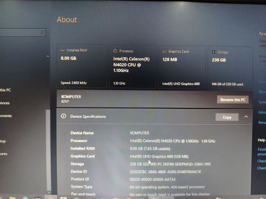 Lenovo Intel(R) Celeron(R) N4020 CPU 1.10GHz