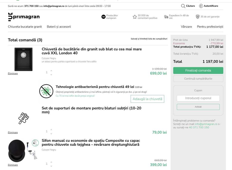 Chiuvetă de bucătărie granit sub blat- Primagran XXL London 40 + Sifon