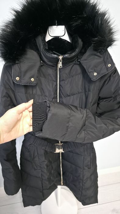 Jacheta lunga de iarna cu puf si pene de rață, Stradivarius, neagra, M