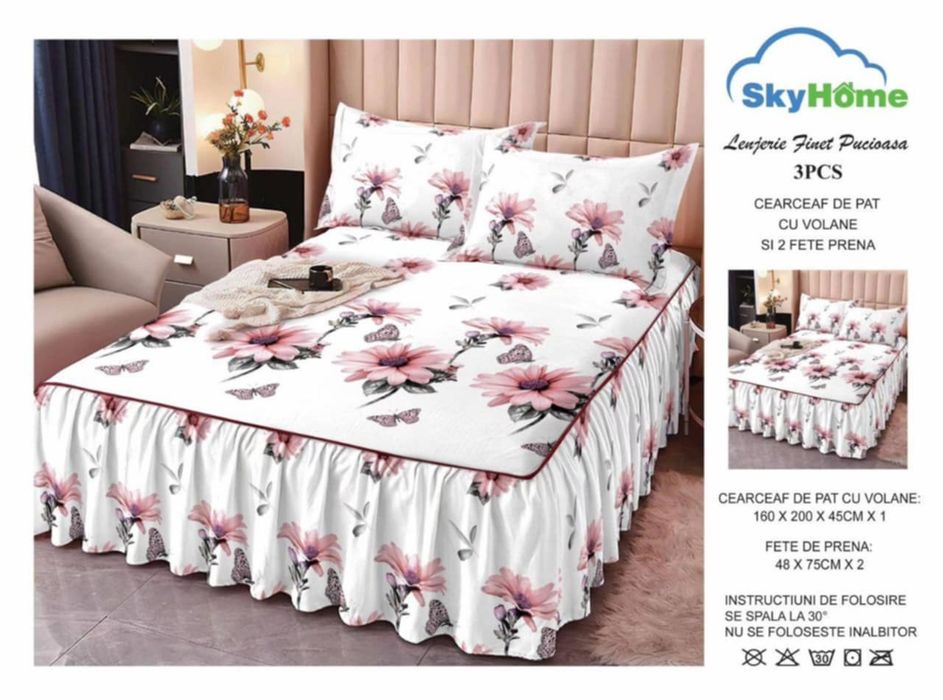 Cearceaf de pat finet cu volănașe + doua fete de perna
