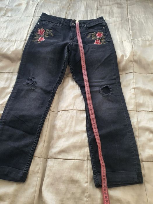 Blugi damă  S M elastici gri închis negri broderie florală rupturi, F&F bumbac casual sexy