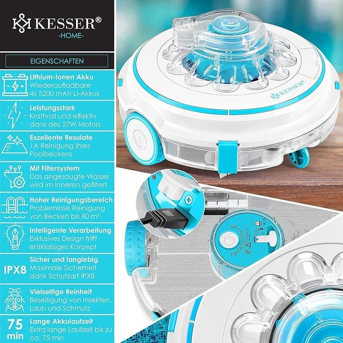 Robot curățare piscina, 4 baterii Li-lon, 5200 mAh, frânghie 3 M, 27wati, 80L/minut