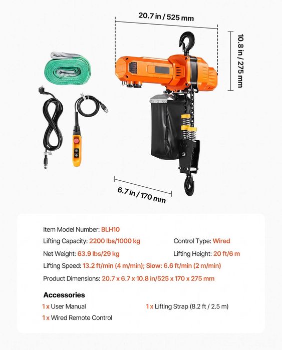 Palan electric cu lant 1000 kg, inaltime ridicare 6 m, 230V monofazat, doua viteze, lant G100
