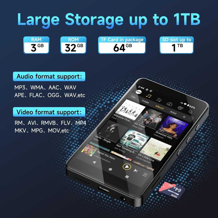96GB MP3 и MP4 плейър, Android 14, 4-инчов IPS екран, Bluetooth и WiFi